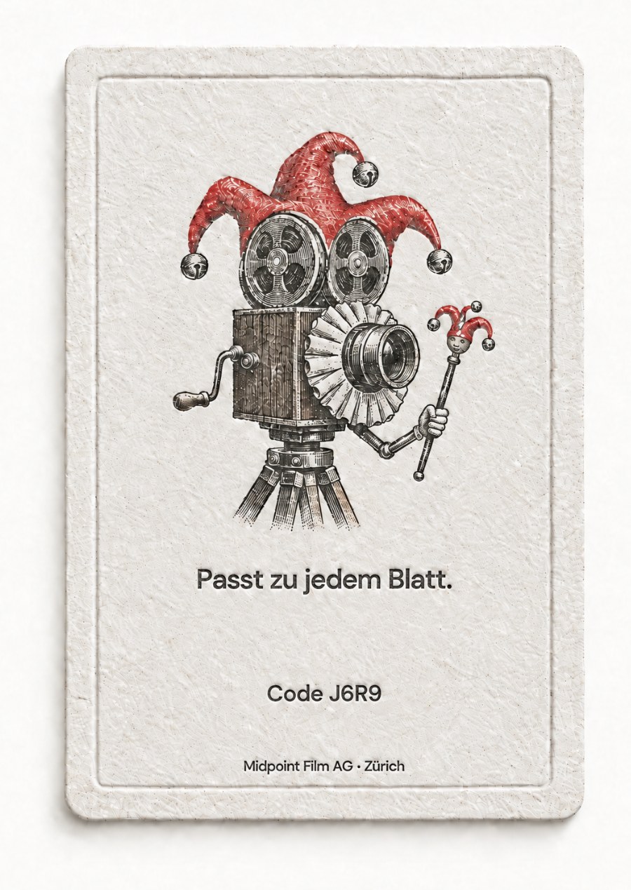 Rückseite: eine Filmkamera als Joker verkleidet. Passt zu jedem Blatt. Code J6R9.